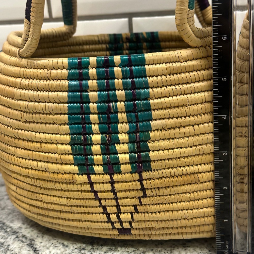 Handcrafted Woven Basket Bag with Lid Teal Purple Geometric Natural Straw Tan - Picture 12 of 13